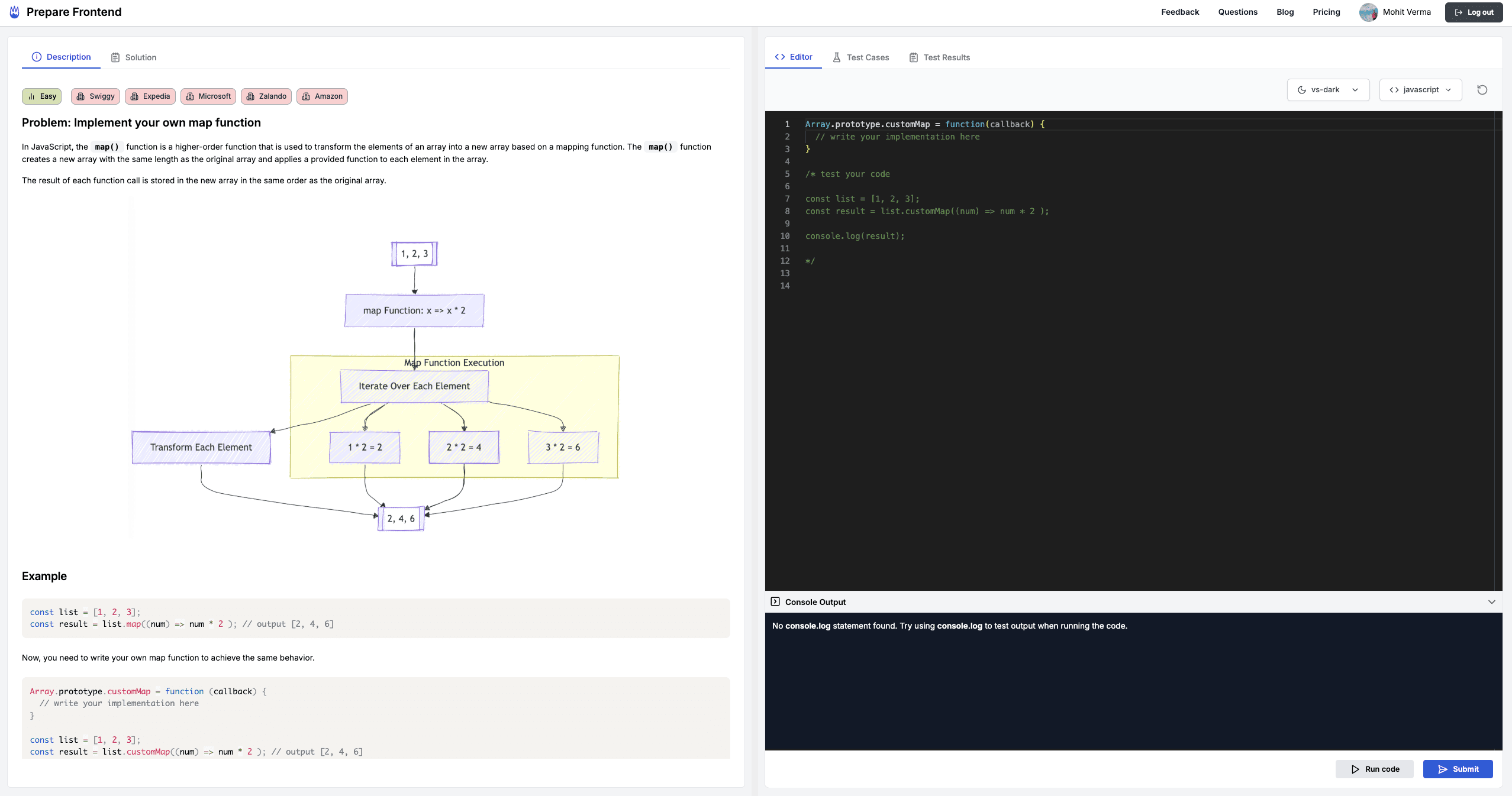 Interactive frontend interview preparation platform interface showing code editor and practice questions